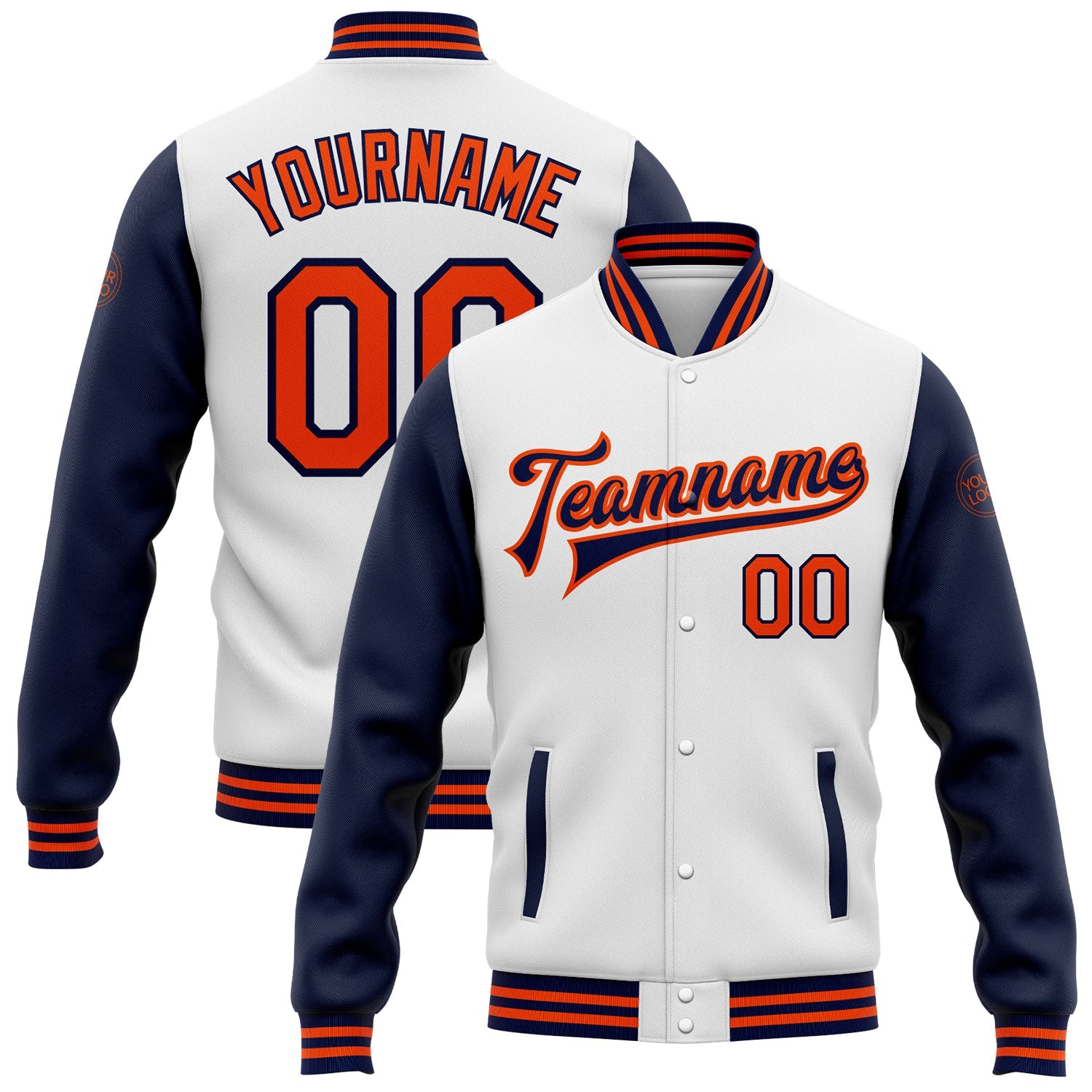 Custom White Orange-Navy Bomber Full-Snap Varsity Letterman Two Tone Jacket - Main View
