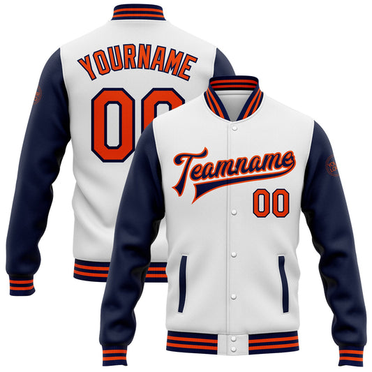 Custom White Orange-Navy Bomber Full-Snap Varsity Letterman Two Tone Jacket - Main View