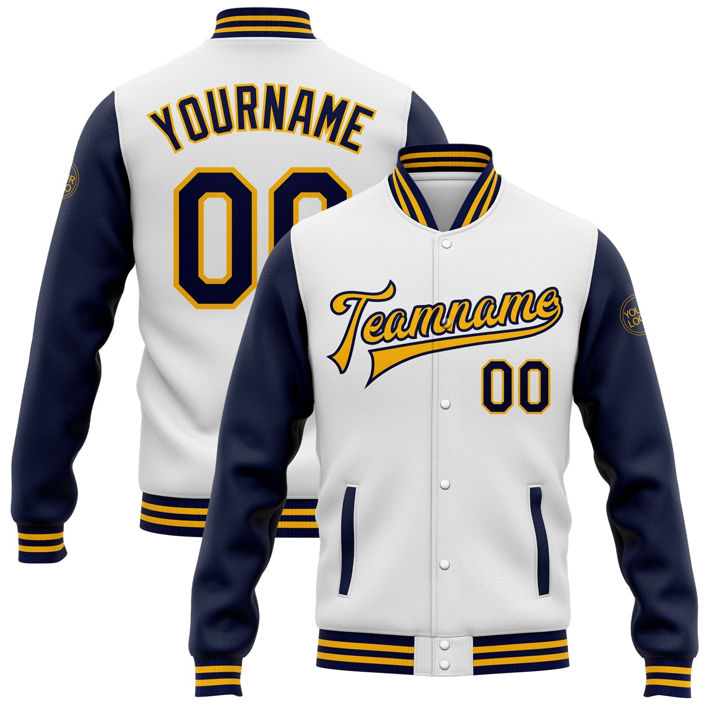 Custom White Navy-Gold Bomber Full-Snap Varsity Letterman Two Tone Jacket - Main View