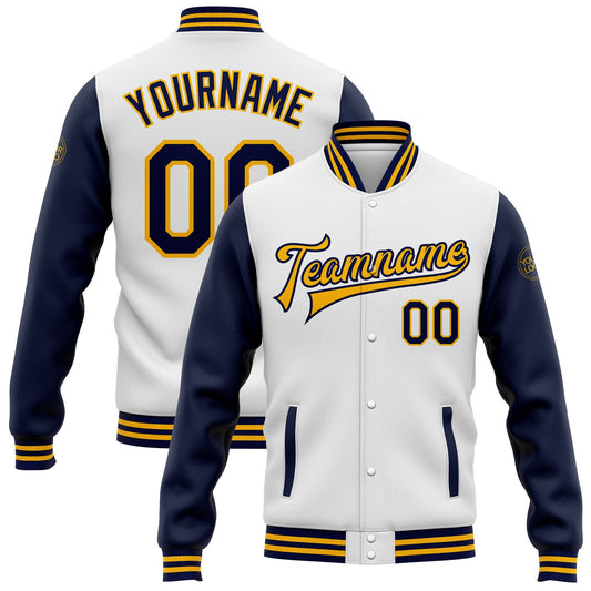 Custom White Navy-Gold Bomber Full-Snap Varsity Letterman Two Tone Jacket - Main View