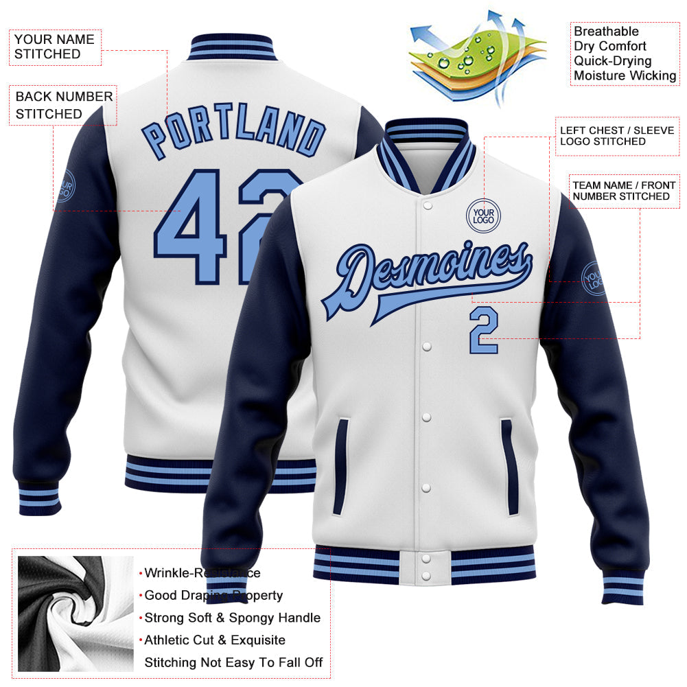 Custom White Light Blue-Navy Bomber Full-Snap Varsity Letterman Two Tone Jacket view 5