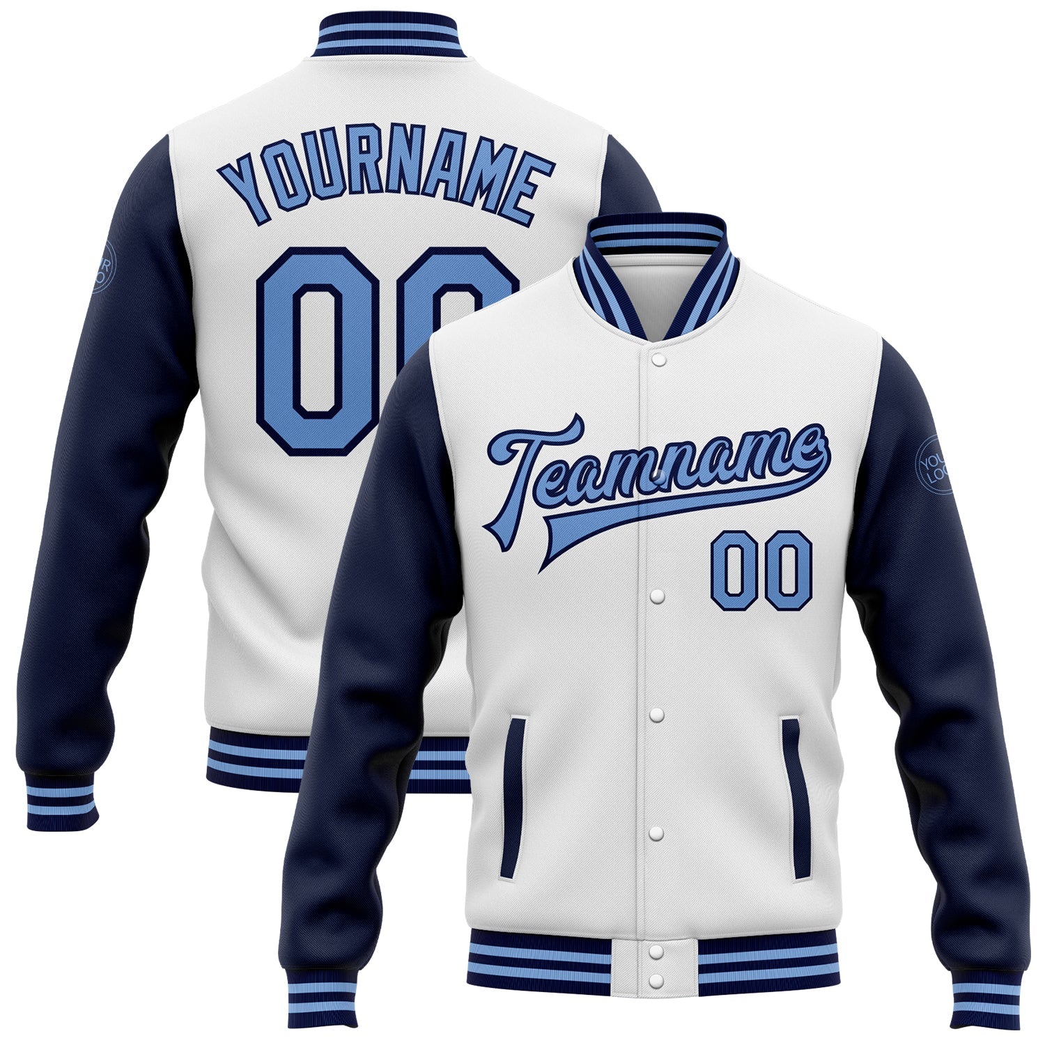 Custom White Light Blue-Navy Bomber Full-Snap Varsity Letterman Two Tone Jacket - Main View