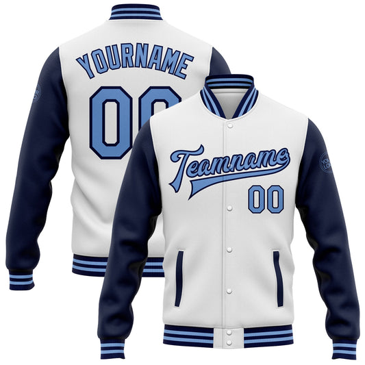 Custom White Light Blue-Navy Bomber Full-Snap Varsity Letterman Two Tone Jacket - Main View