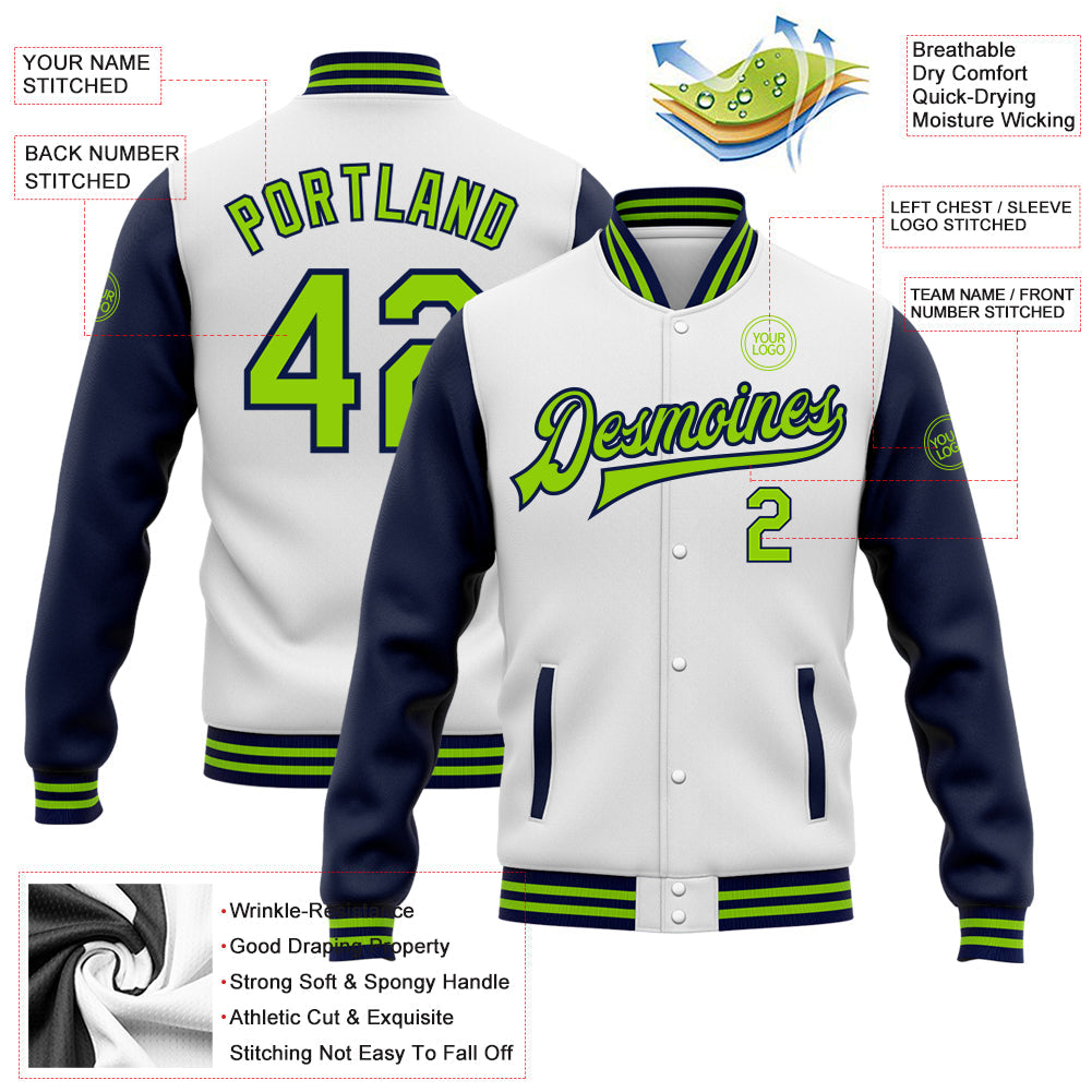 Custom White Neon Green-Navy Bomber Full-Snap Varsity Letterman Two Tone Jacket view 5