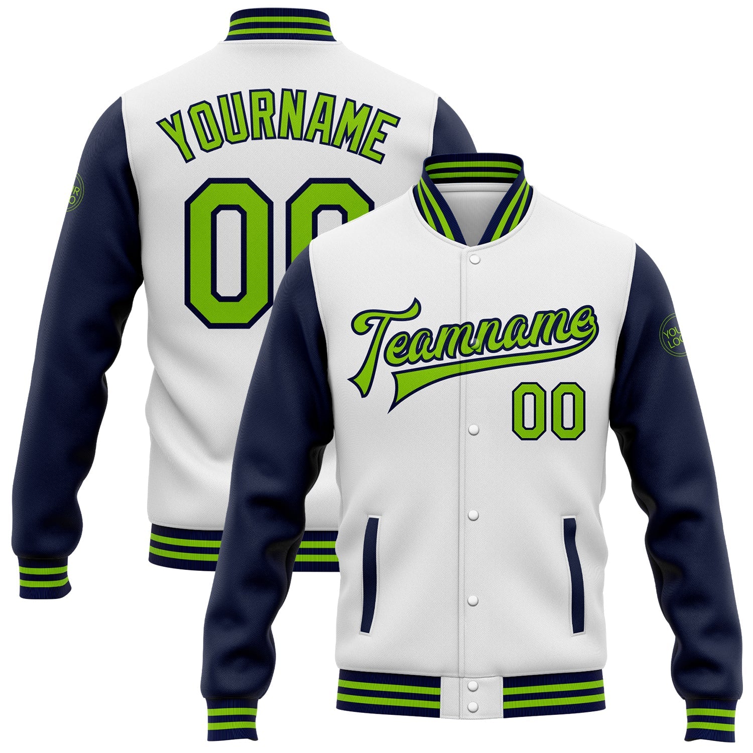 Custom White Neon Green-Navy Bomber Full-Snap Varsity Letterman Two Tone Jacket - Main View