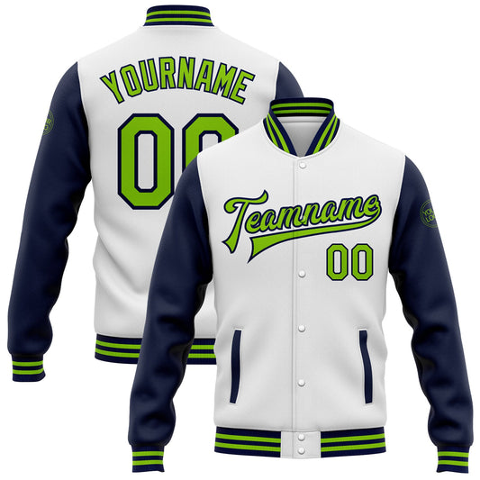 Custom White Neon Green-Navy Bomber Full-Snap Varsity Letterman Two Tone Jacket - Main View