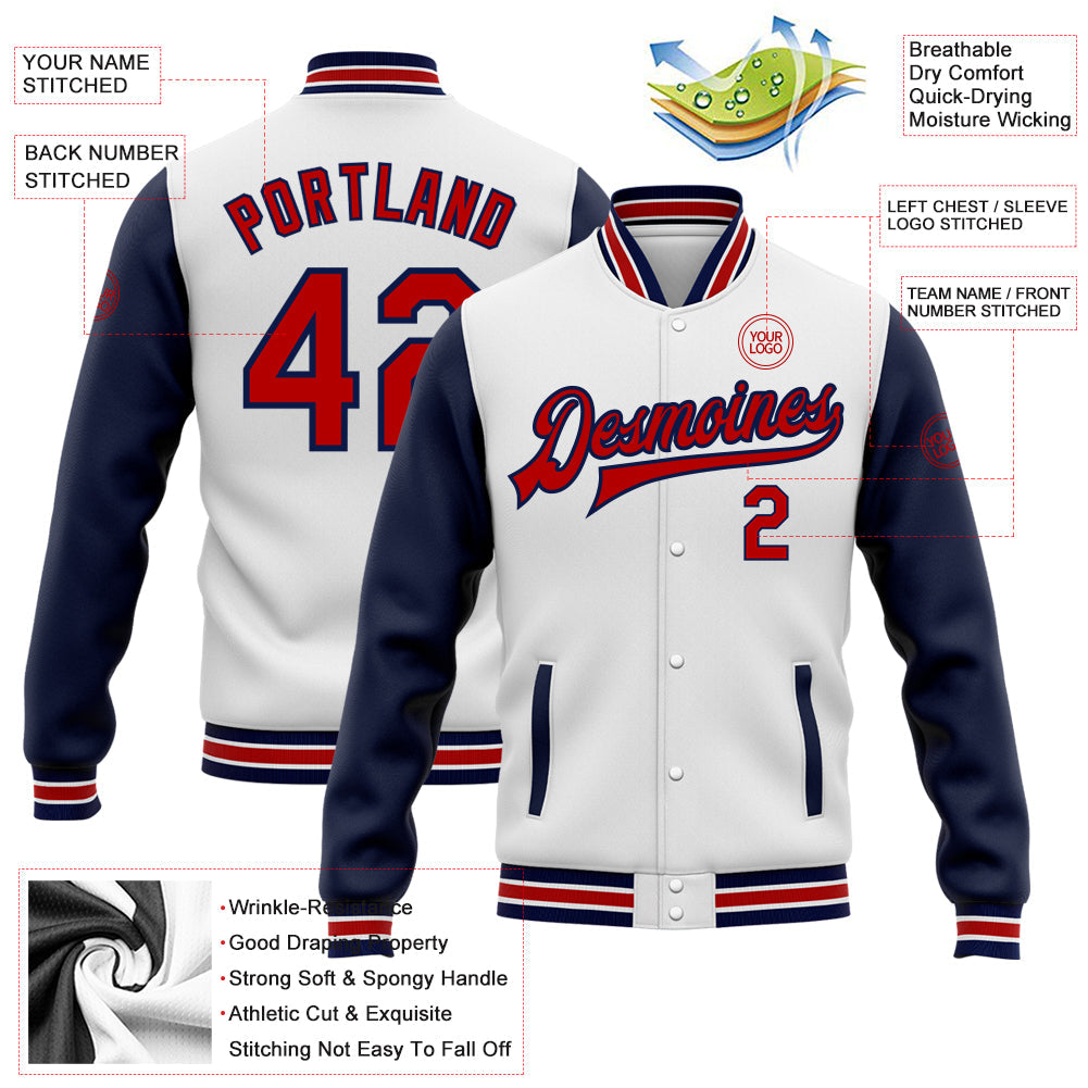 Custom White Red-Navy Bomber Full-Snap Varsity Letterman Two Tone Jacket view 5