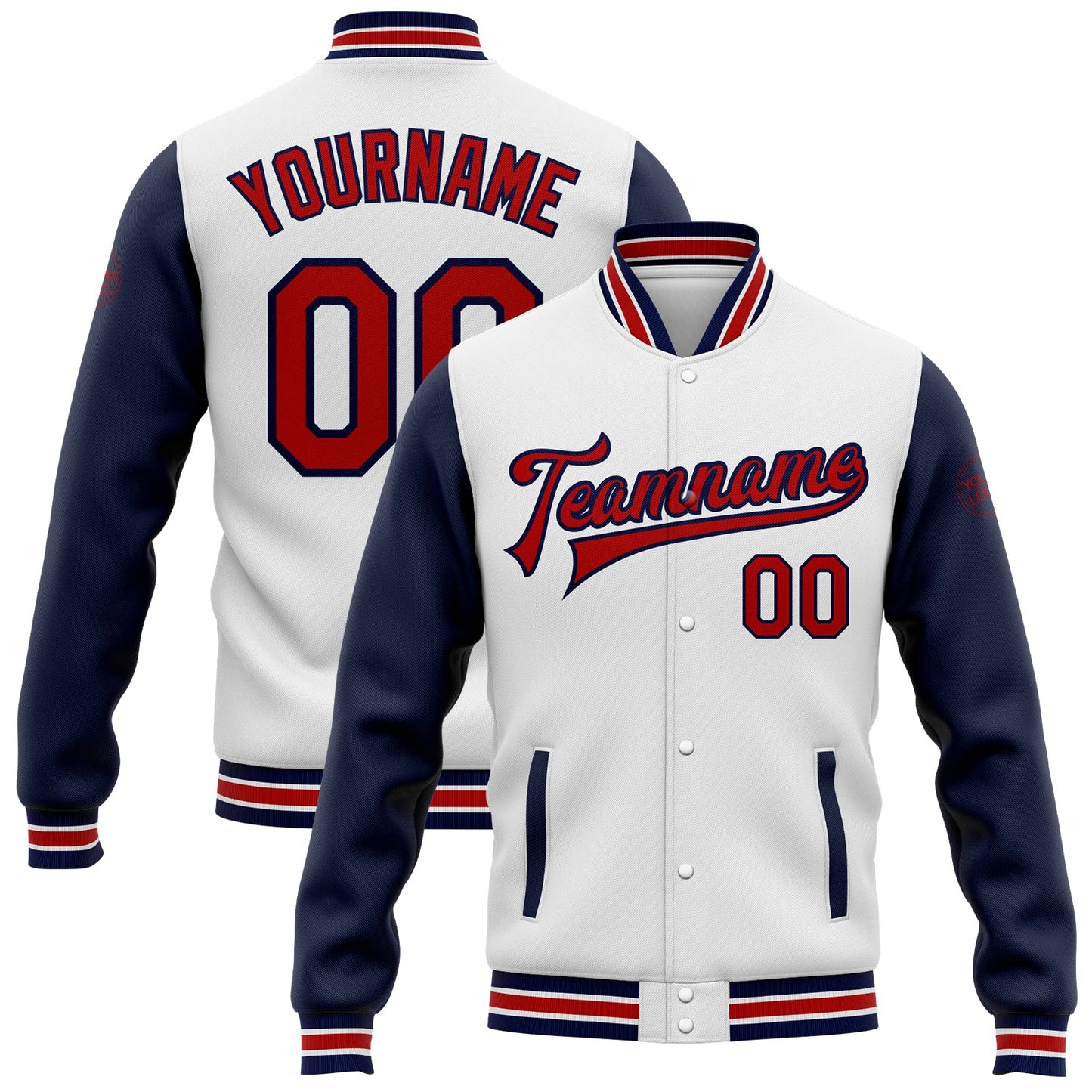 Custom White Red-Navy Bomber Full-Snap Varsity Letterman Two Tone Jacket - Main View