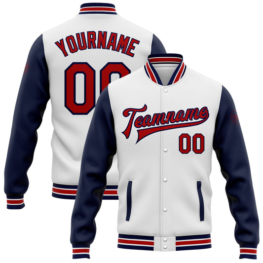 Custom White Red-Navy Bomber Full-Snap Varsity Letterman Two Tone Jacket - Main View