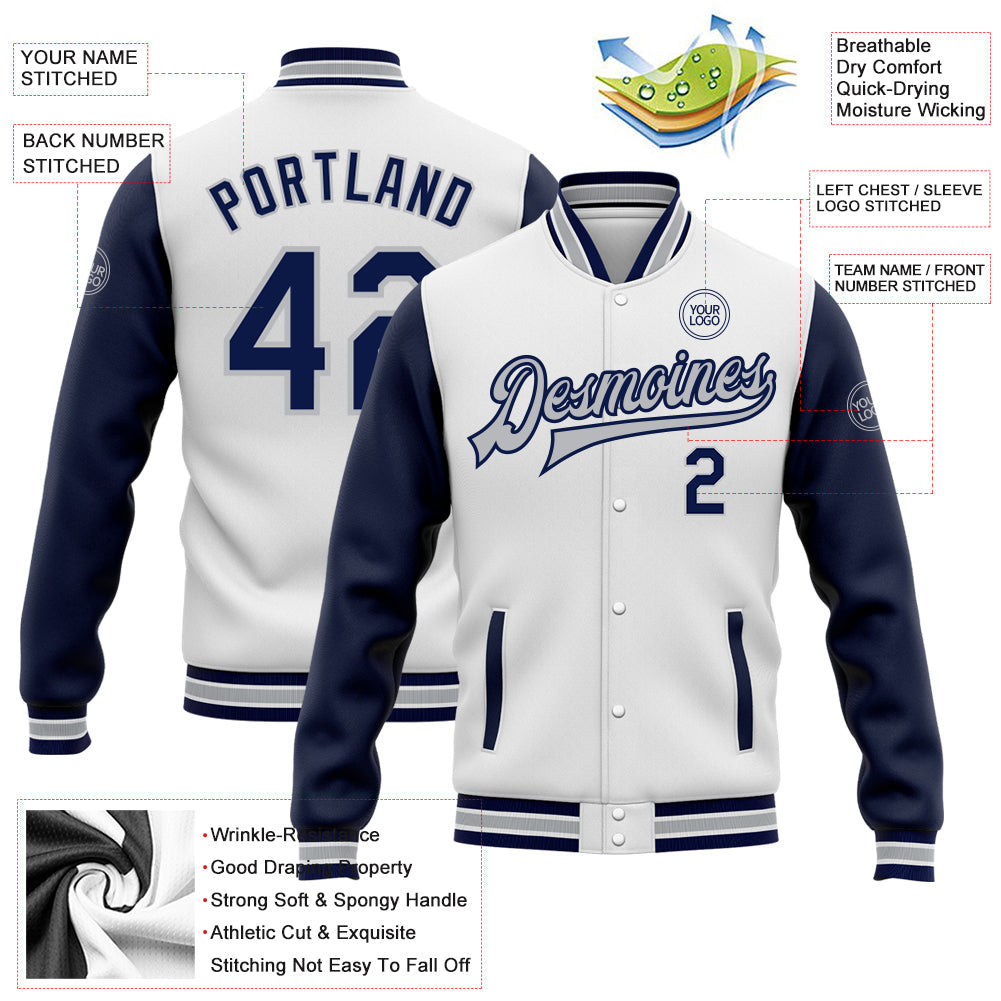 Custom White Navy-Gray Bomber Full-Snap Varsity Letterman Two Tone Jacket view 5