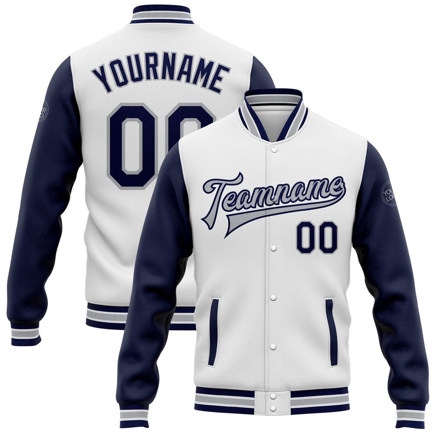 Custom White Navy-Gray Bomber Full-Snap Varsity Letterman Two Tone Jacket - Main View