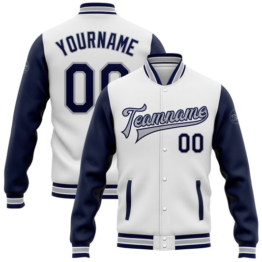 Custom White Navy-Gray Bomber Full-Snap Varsity Letterman Two Tone Jacket - Main View