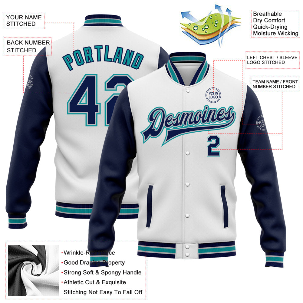 Custom White Navy Gray-Teal Bomber Full-Snap Varsity Letterman Two Tone Jacket view 5