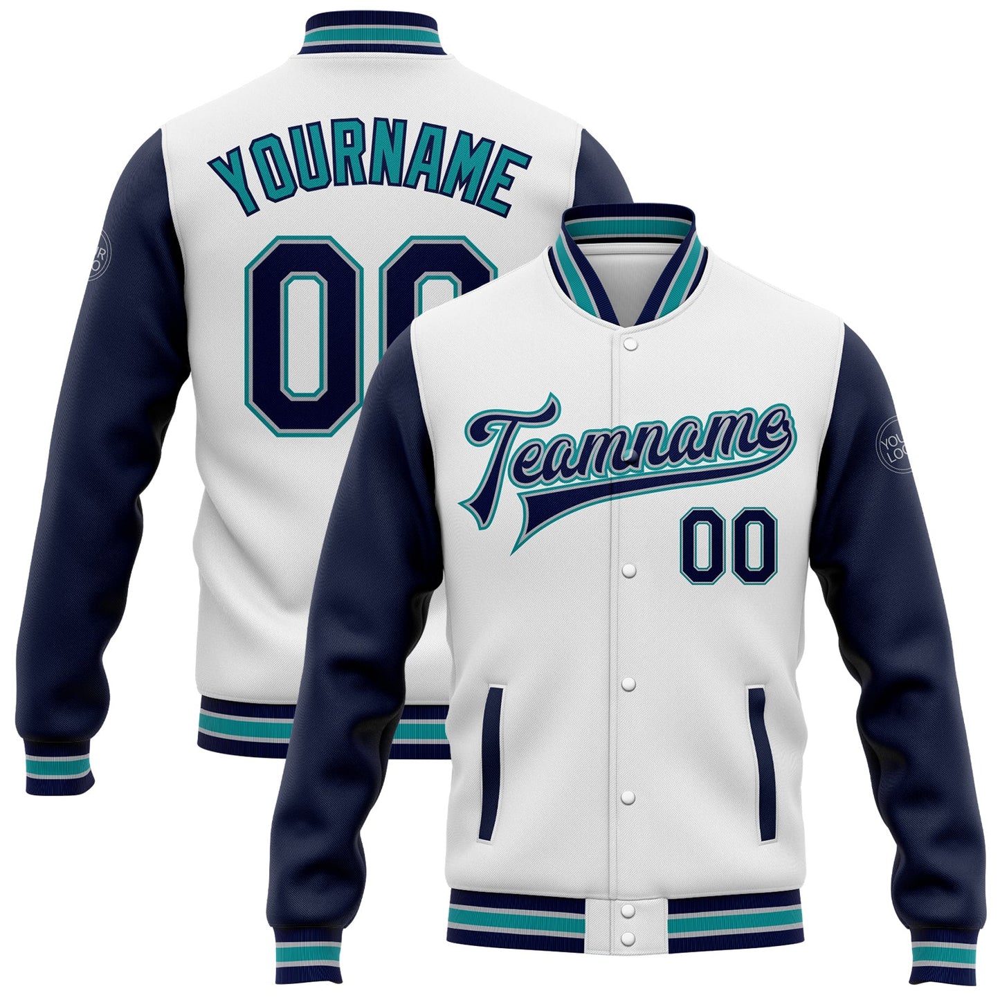 Custom White Navy Gray-Teal Bomber Full-Snap Varsity Letterman Two Tone Jacket - Main View