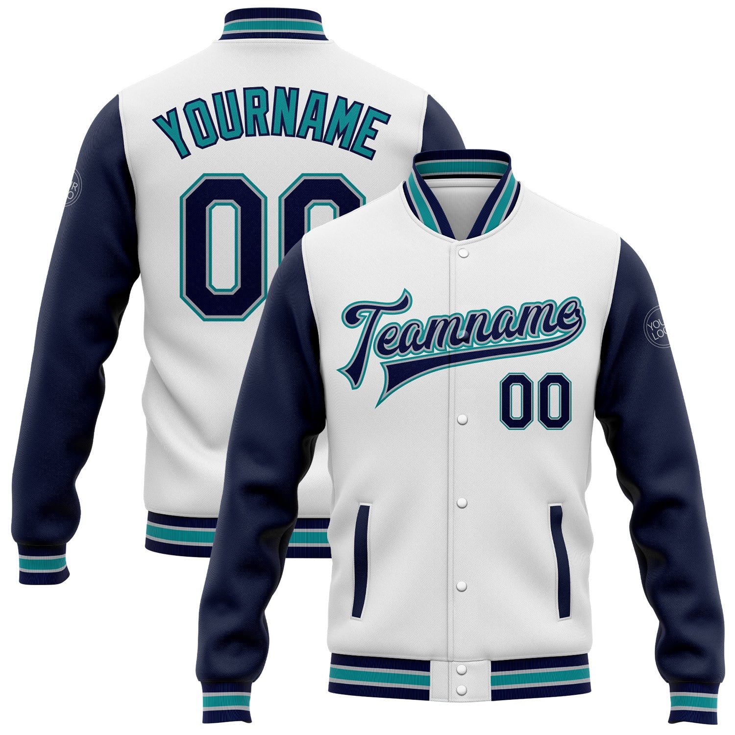 Custom White Navy Gray-Teal Bomber Full-Snap Varsity Letterman Two Tone Jacket - Main View