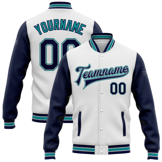 Custom White Navy Gray-Teal Bomber Full-Snap Varsity Letterman Two Tone Jacket - Main View