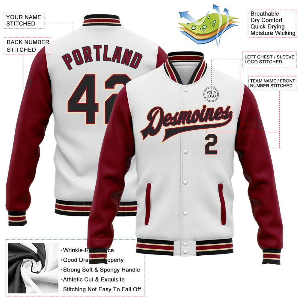 Custom White Black Crimson-City Cream Bomber Full-Snap Varsity Letterman Two Tone Jacket view 5