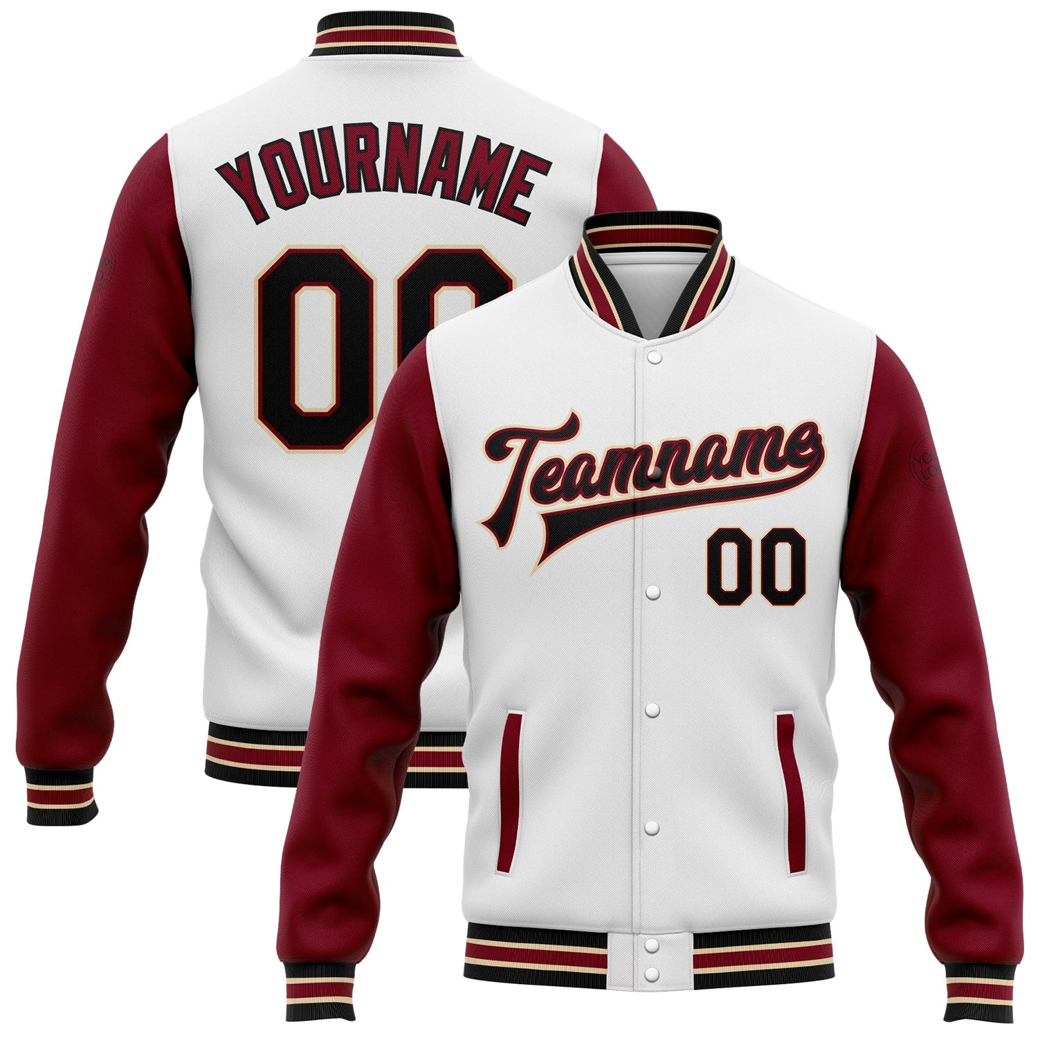 Custom White Black Crimson-City Cream Bomber Full-Snap Varsity Letterman Two Tone Jacket - Main View