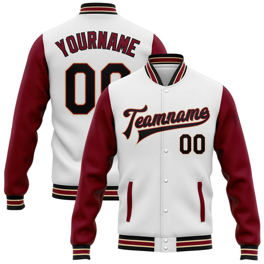 Custom White Black Crimson-City Cream Bomber Full-Snap Varsity Letterman Two Tone Jacket - Main View