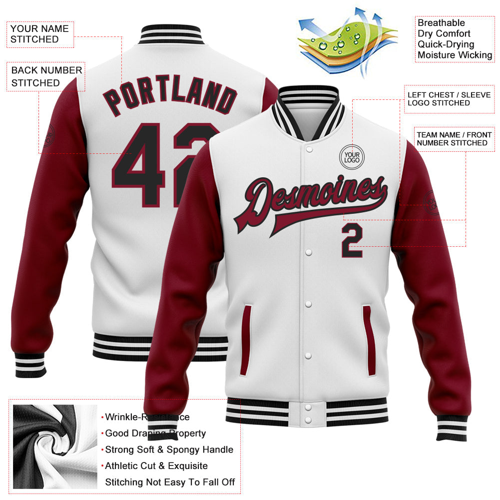 Custom White Black-Crimson Bomber Full-Snap Varsity Letterman Two Tone Jacket view 5