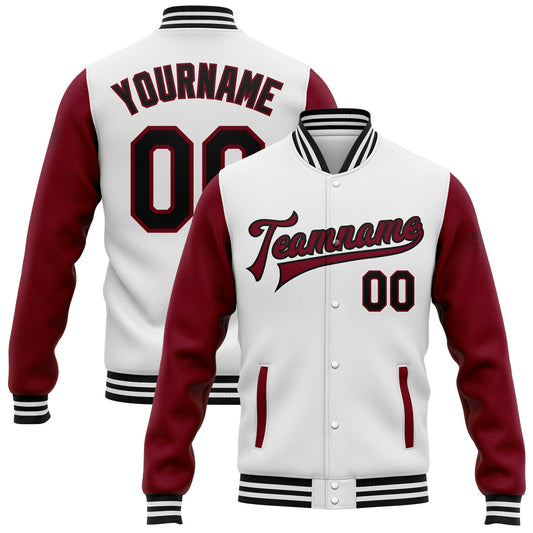 Custom White Black-Crimson Bomber Full-Snap Varsity Letterman Two Tone Jacket - Main View