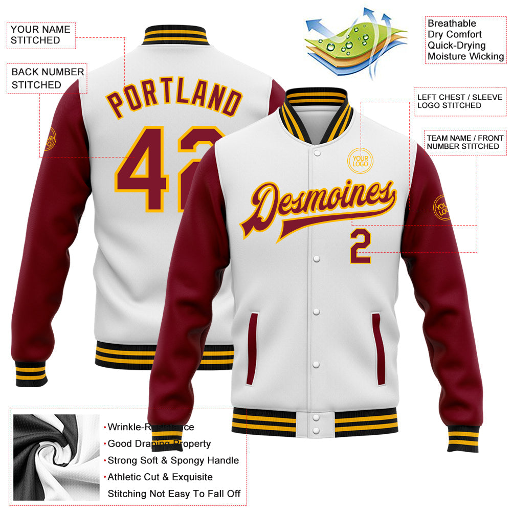 Custom White Crimson Gold-Black Bomber Full-Snap Varsity Letterman Two Tone Jacket view 5