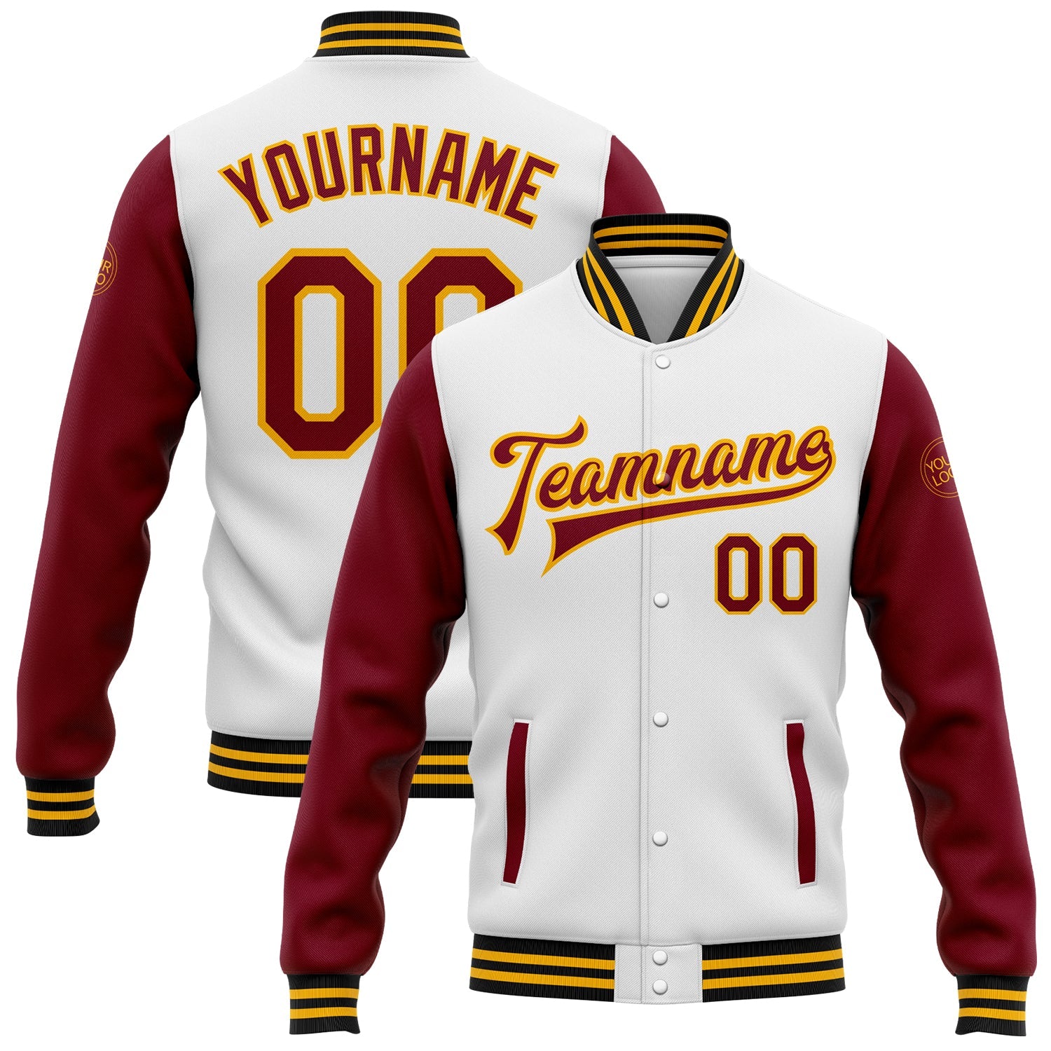 Custom White Crimson Gold-Black Bomber Full-Snap Varsity Letterman Two Tone Jacket - Main View