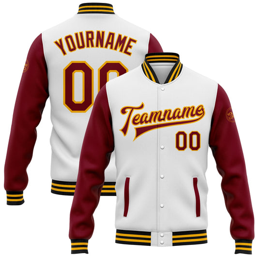 Custom White Crimson Gold-Black Bomber Full-Snap Varsity Letterman Two Tone Jacket - Main View