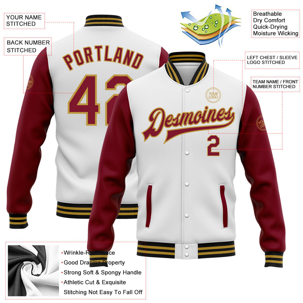 Custom White Crimson Old Gold-Black Bomber Full-Snap Varsity Letterman Two Tone Jacket view 5