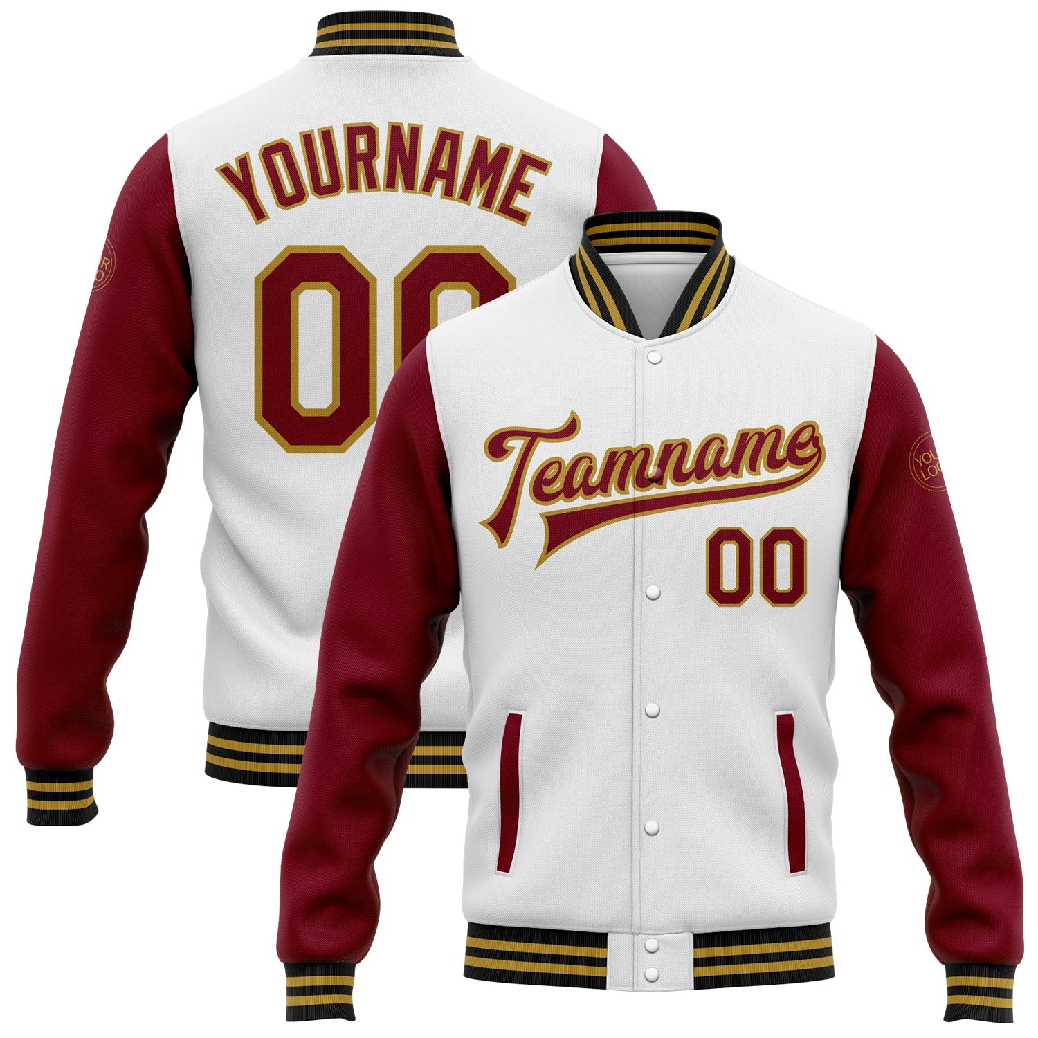 Custom White Crimson Old Gold-Black Bomber Full-Snap Varsity Letterman Two Tone Jacket - Main View