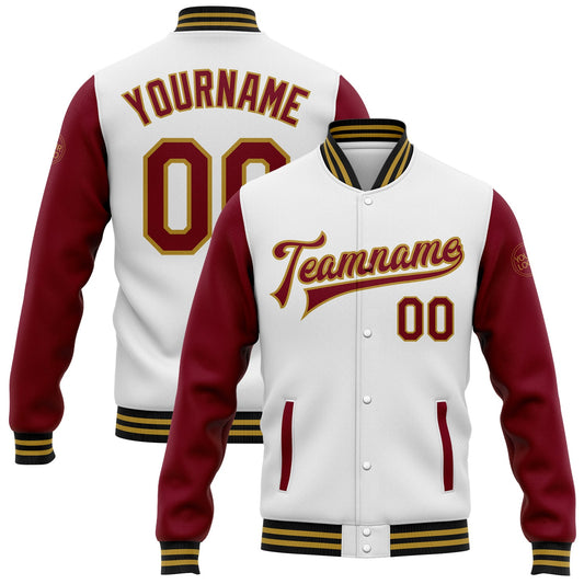 Custom White Crimson Old Gold-Black Bomber Full-Snap Varsity Letterman Two Tone Jacket - Main View