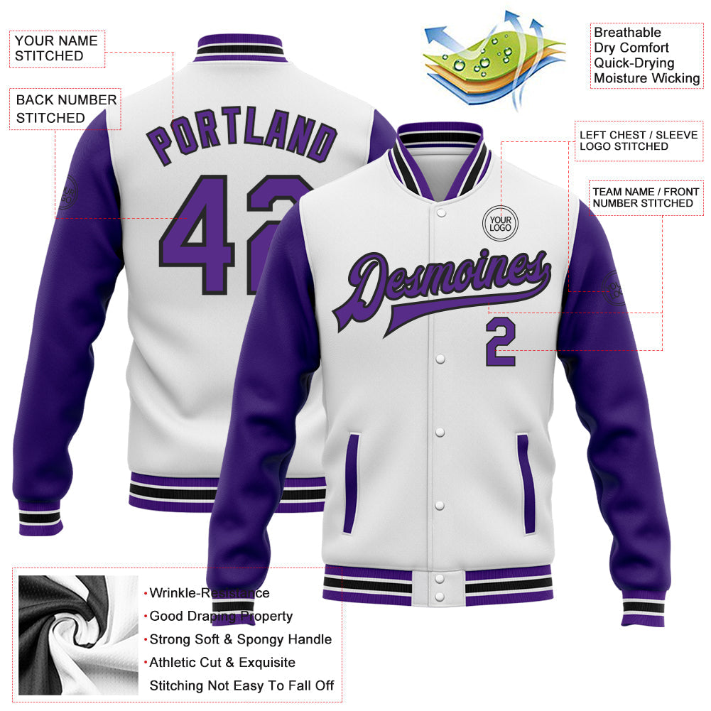 Custom White Purple-Black Bomber Full-Snap Varsity Letterman Two Tone Jacket view 5