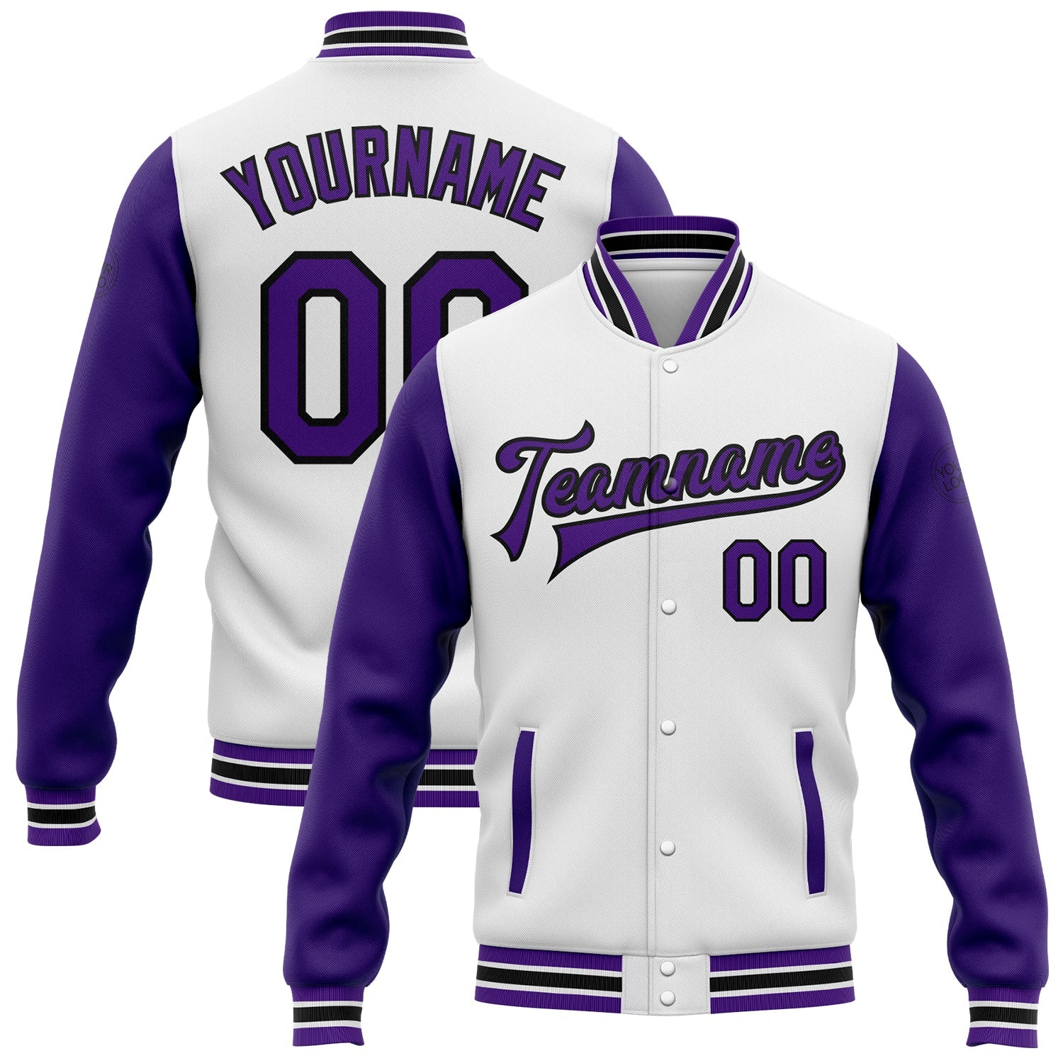 Custom White Purple-Black Bomber Full-Snap Varsity Letterman Two Tone Jacket - Main View