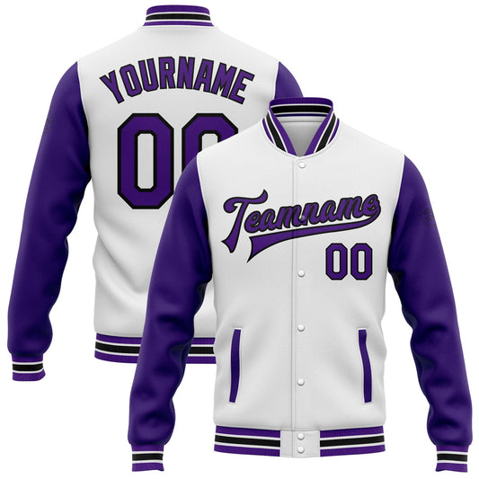 Custom White Purple-Black Bomber Full-Snap Varsity Letterman Two Tone Jacket - Main View