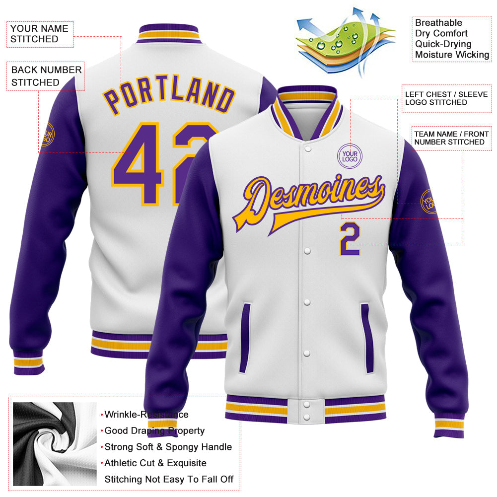Custom White Purple-Gold Bomber Full-Snap Varsity Letterman Two Tone Jacket view 5