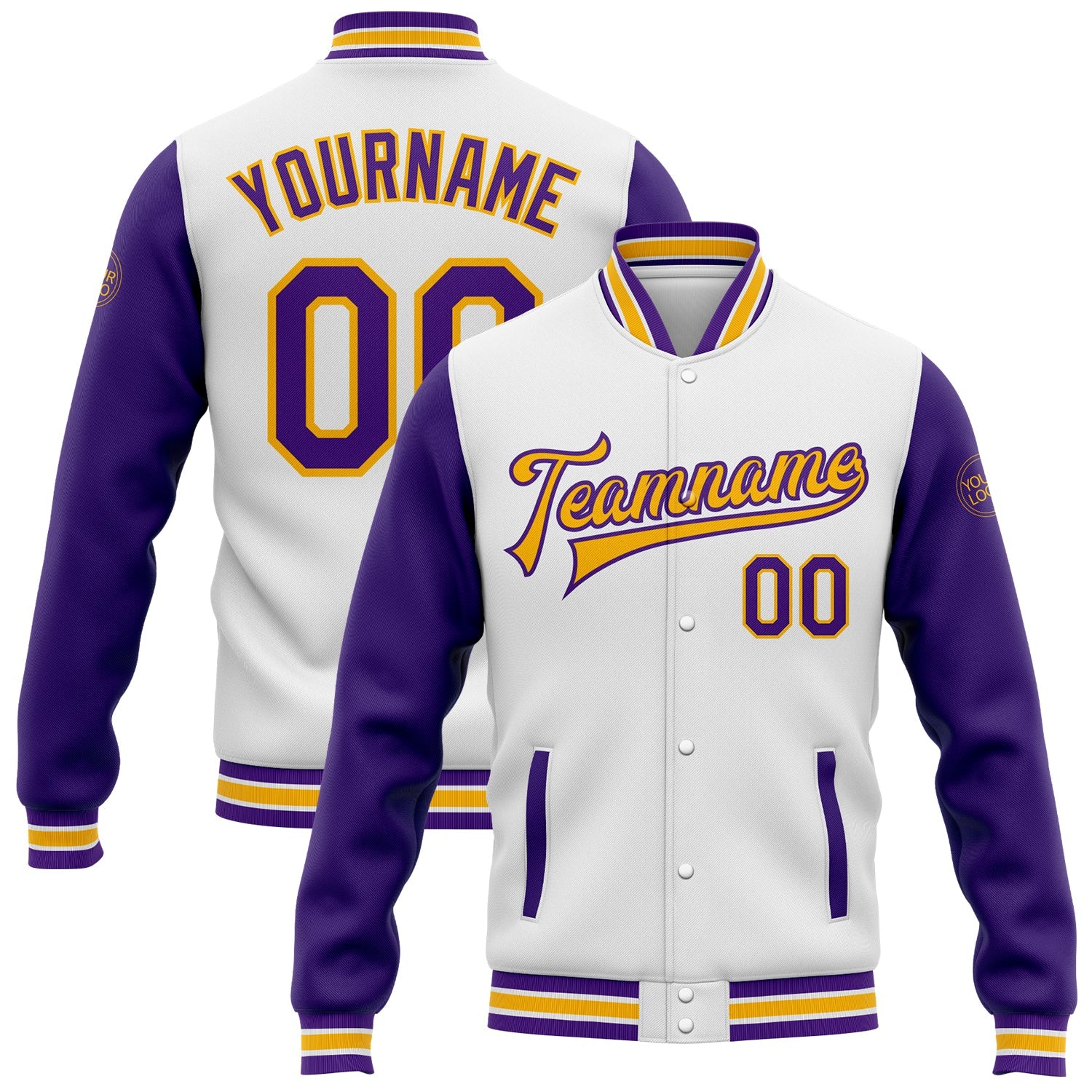 Custom White Purple-Gold Bomber Full-Snap Varsity Letterman Two Tone Jacket - Main View