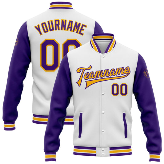 Custom White Purple-Gold Bomber Full-Snap Varsity Letterman Two Tone Jacket - Main View