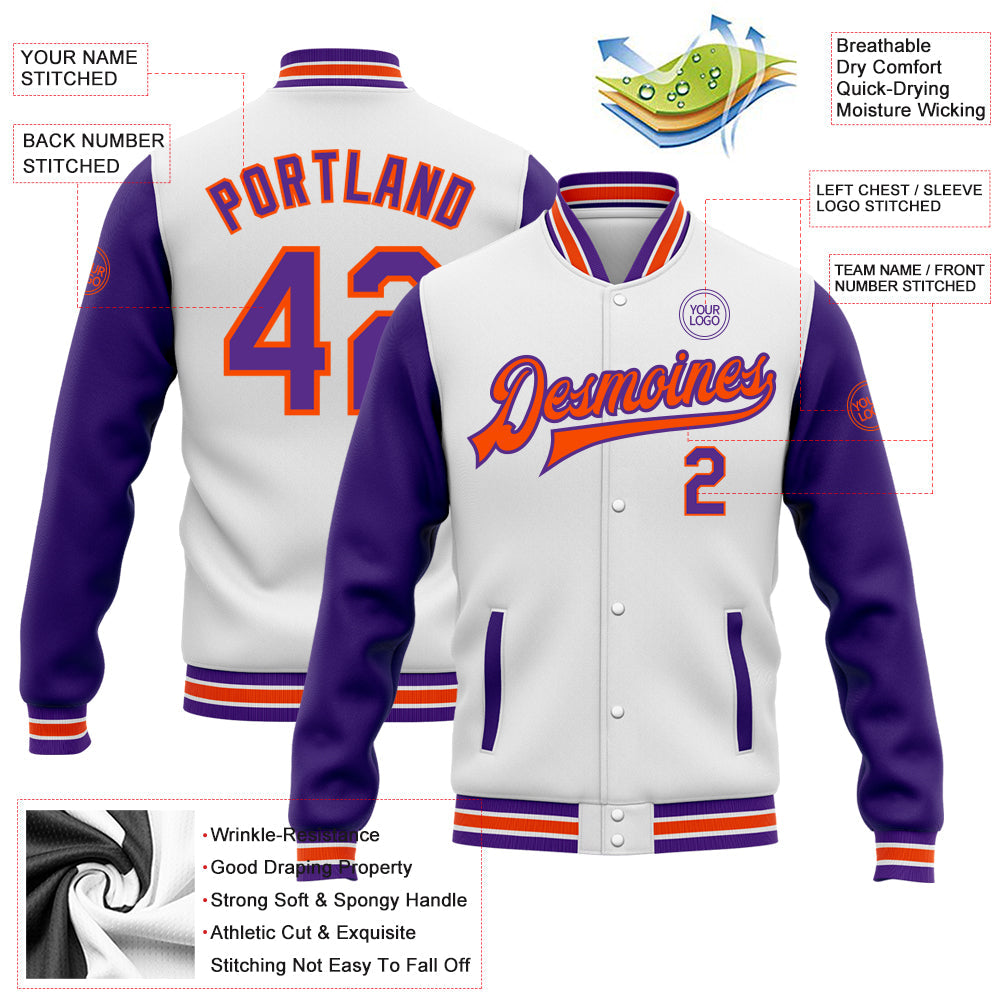 Custom White Purple-Orange Bomber Full-Snap Varsity Letterman Two Tone Jacket view 5
