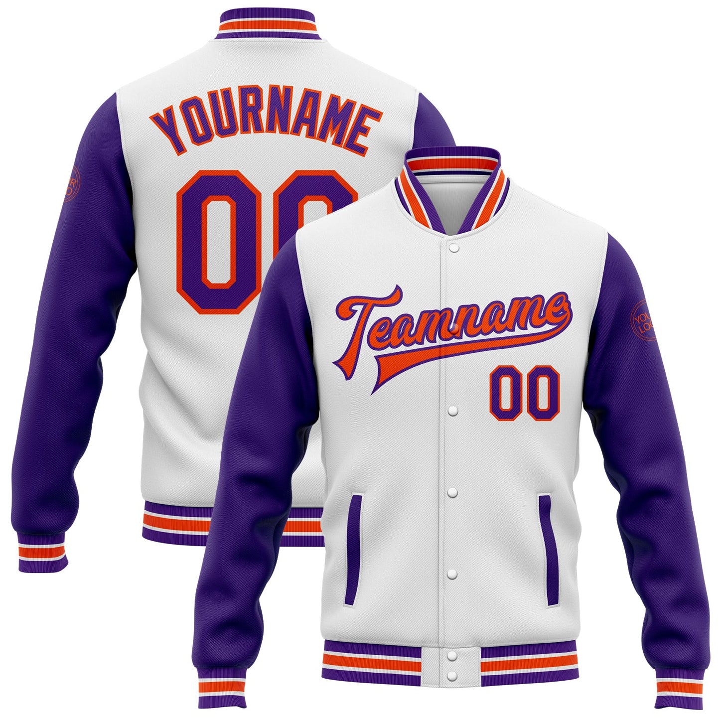 Custom White Purple-Orange Bomber Full-Snap Varsity Letterman Two Tone Jacket - Main View