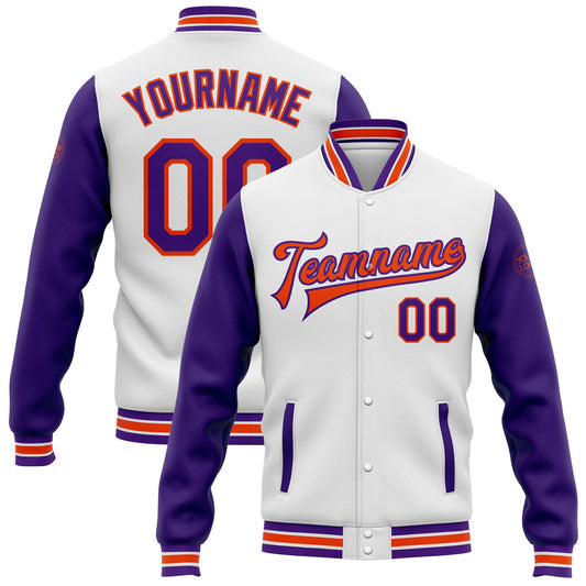 Custom White Purple-Orange Bomber Full-Snap Varsity Letterman Two Tone Jacket - Main View
