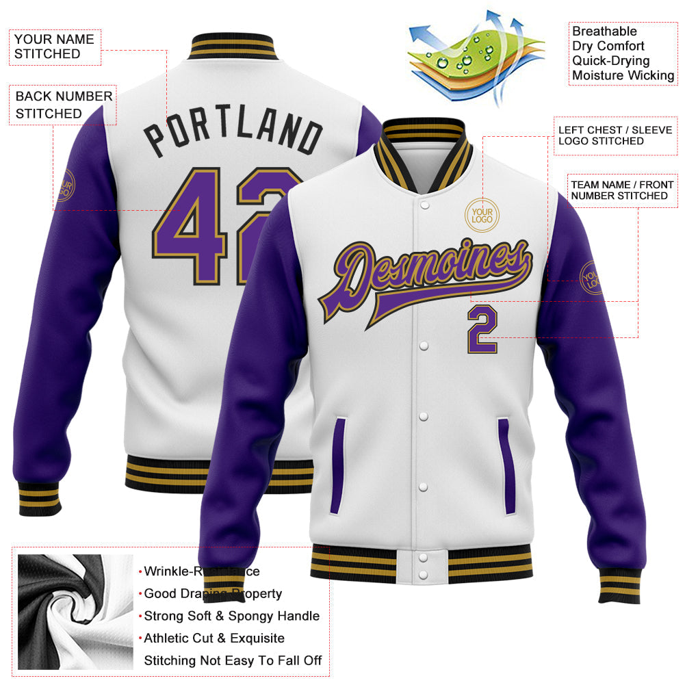Custom White Purple Old Gold-Black Bomber Full-Snap Varsity Letterman Two Tone Jacket view 5