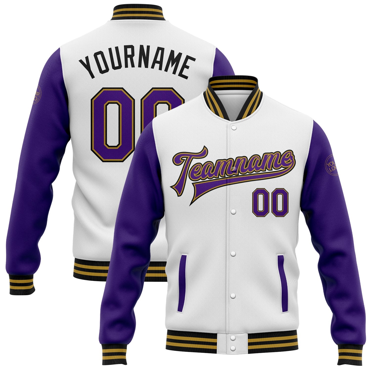 Custom White Purple Old Gold-Black Bomber Full-Snap Varsity Letterman Two Tone Jacket - Main View