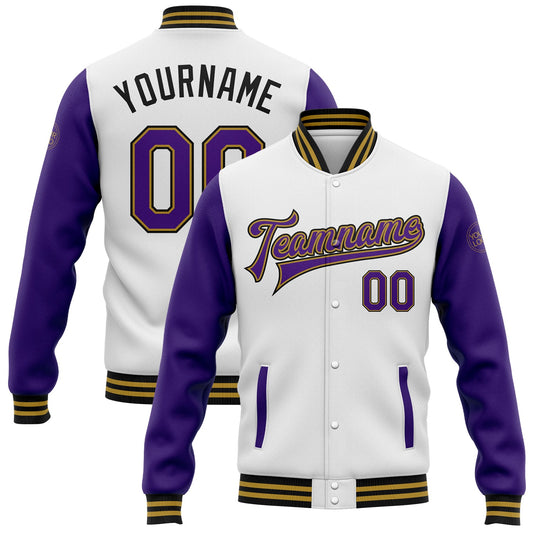 Custom White Purple Old Gold-Black Bomber Full-Snap Varsity Letterman Two Tone Jacket - Main View
