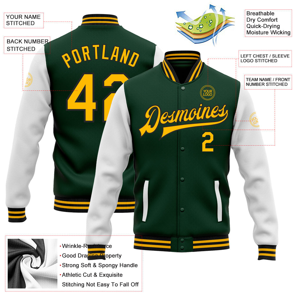 Custom Green Gold-Black Bomber Full-Snap Varsity Letterman Two Tone Jacket view 5