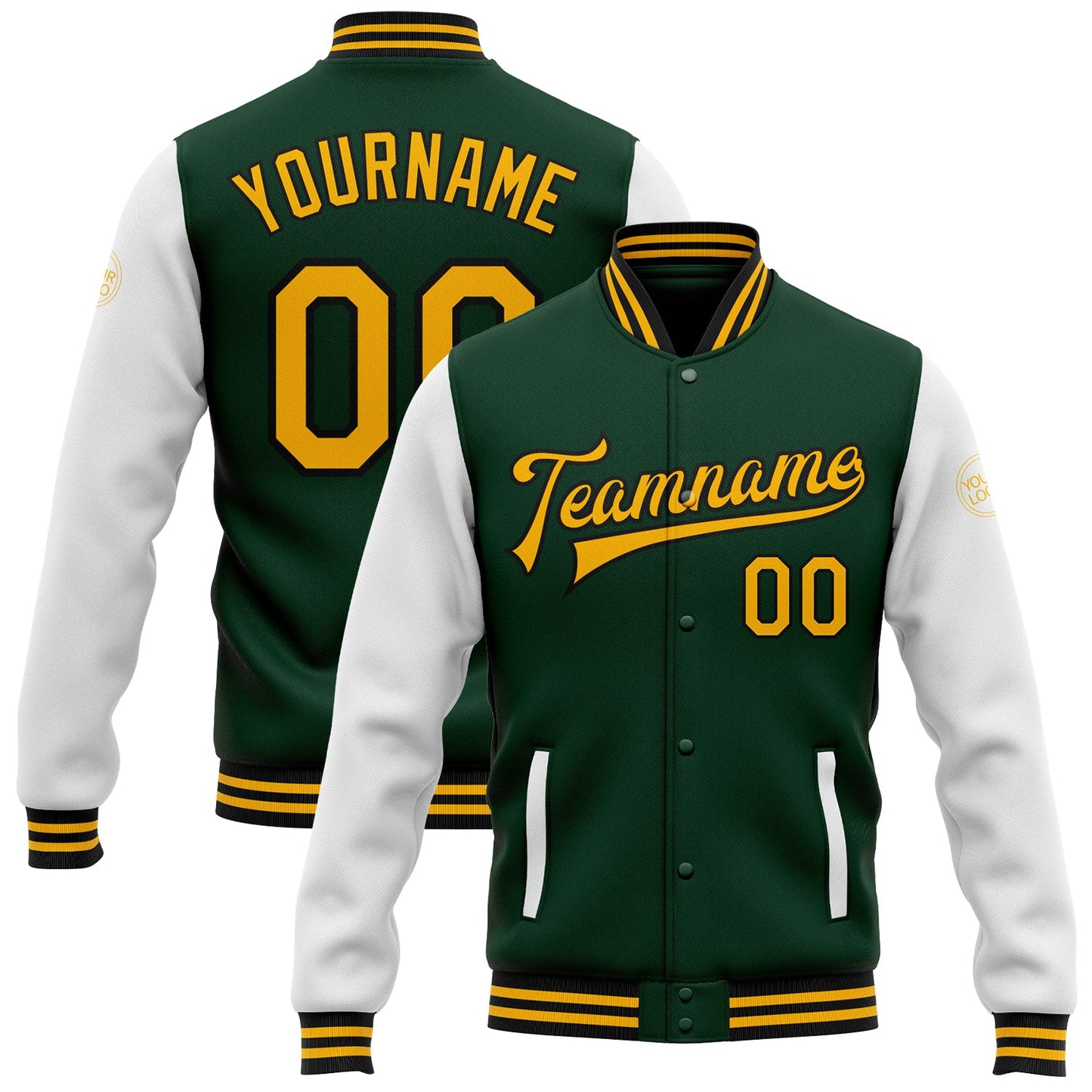 Custom Green Gold-Black Bomber Full-Snap Varsity Letterman Two Tone Jacket - Main View