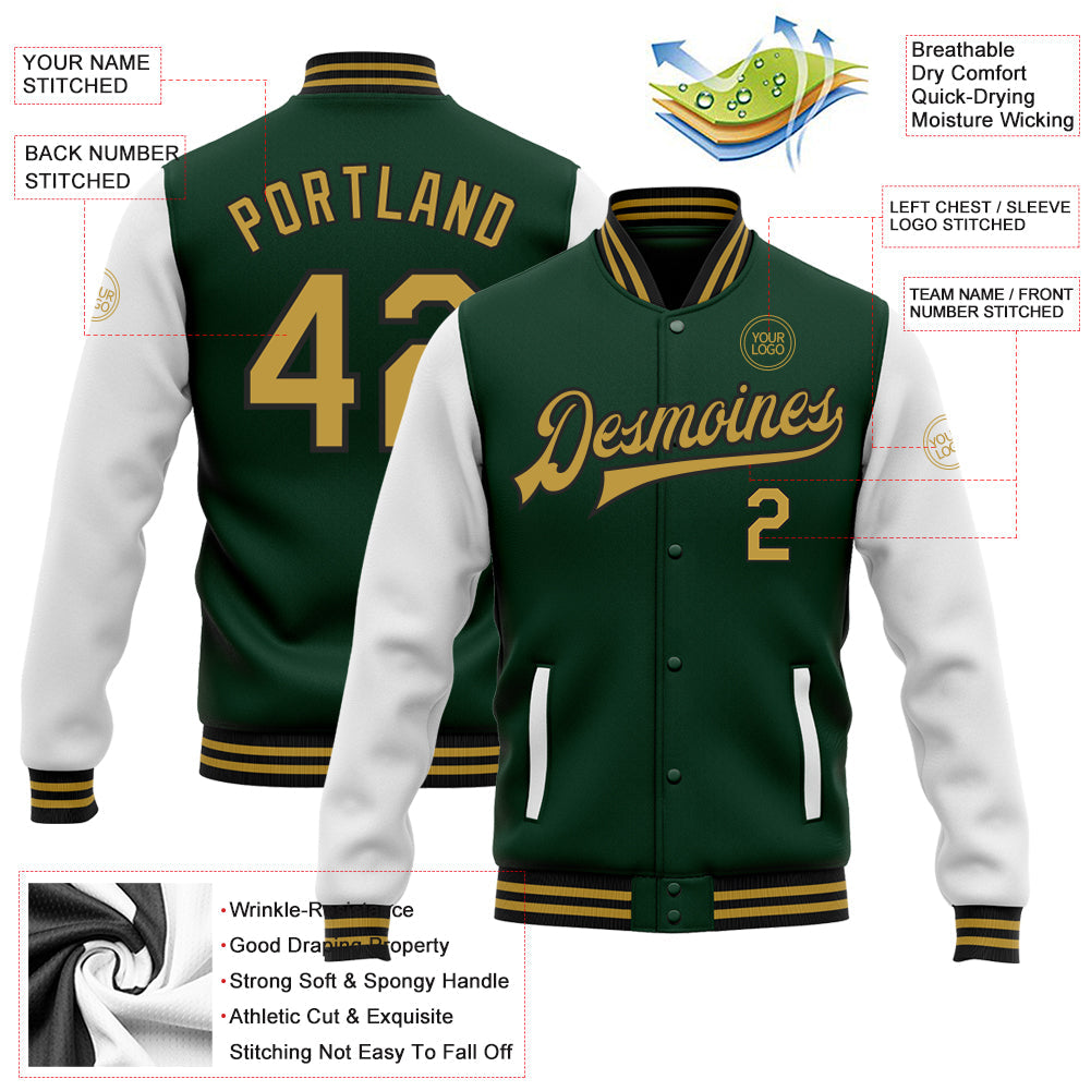 Custom Green Old Gold-Black Bomber Full-Snap Varsity Letterman Two Tone Jacket view 5