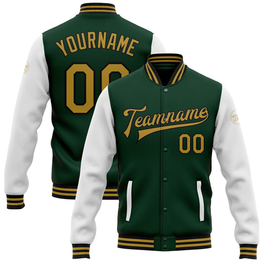 Custom Green Old Gold-Black Bomber Full-Snap Varsity Letterman Two Tone Jacket - Main View