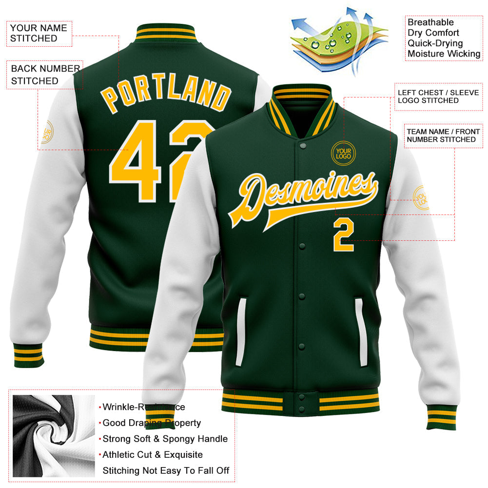 Custom Green Gold-White Bomber Full-Snap Varsity Letterman Two Tone Jacket view 5