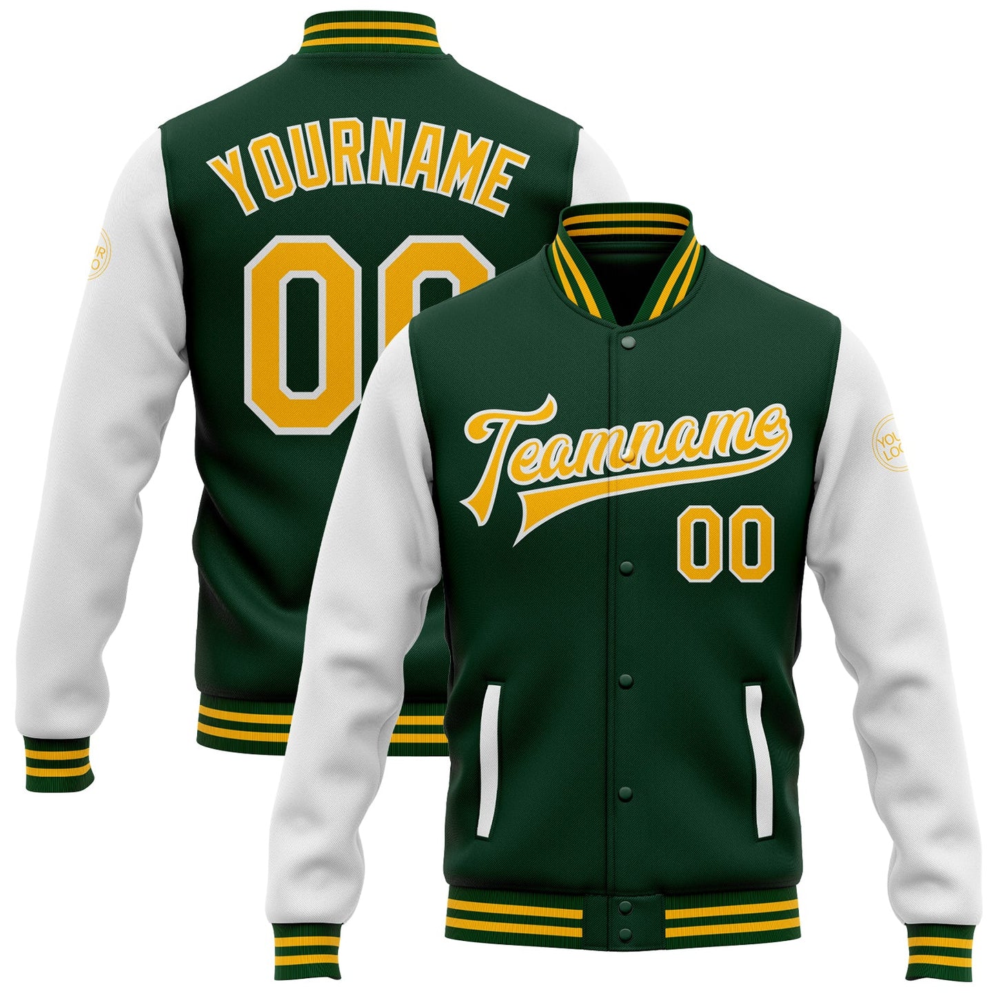 Custom Green Gold-White Bomber Full-Snap Varsity Letterman Two Tone Jacket - Main View