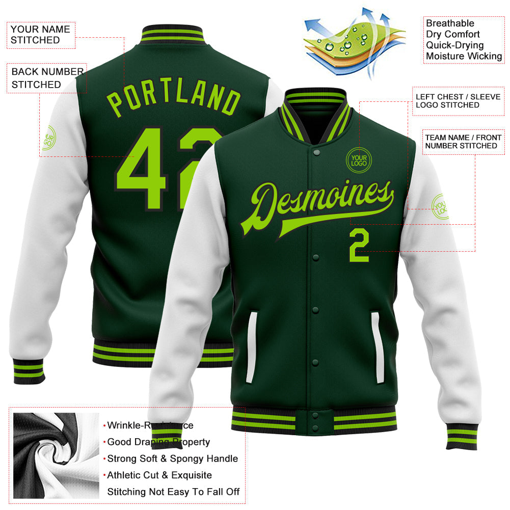 Custom Green Neon Green-Black Bomber Full-Snap Varsity Letterman Two Tone Jacket view 5